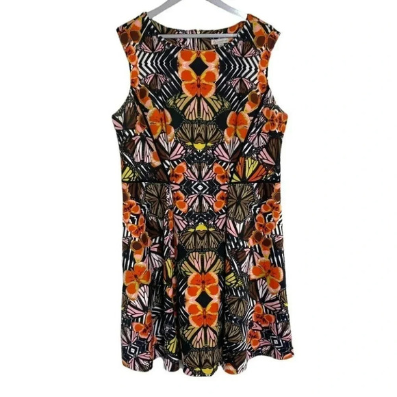 Dressbarn 16W Dress black +‎ orange butterfly print sleeveless Whimsigoth Artsy - Picture 1 of 7
